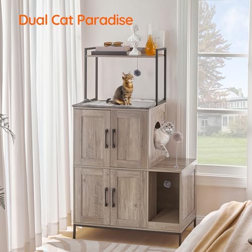 HOOBRO Cat Litter Box Enclosure Furniture, 2 in 1 Hidden Litter Box Furniture with Shelf, Double Litter Box Cabinet with 2 Dangling Plush Balls and 1 Toy Ball, Greige and Black BG78MW01 - color: Greige