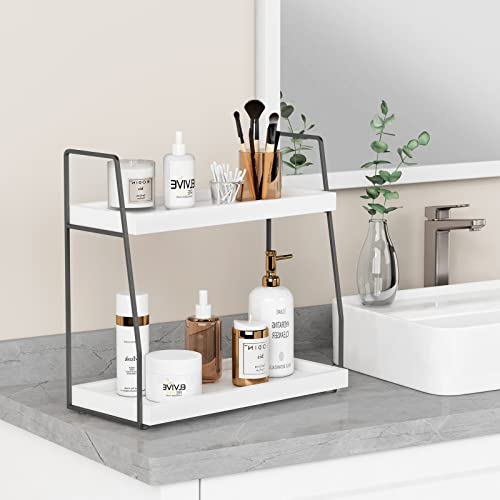Forbena 2 Tier Bathroom Counter Organizer, White and Grey Coffee Bar Organizer for Countertop, Wood Shelf Tray for Vanity Makeup Storage, Small Kitchen Sink Top Organizers for Coffee Bar Station - color: White-grey