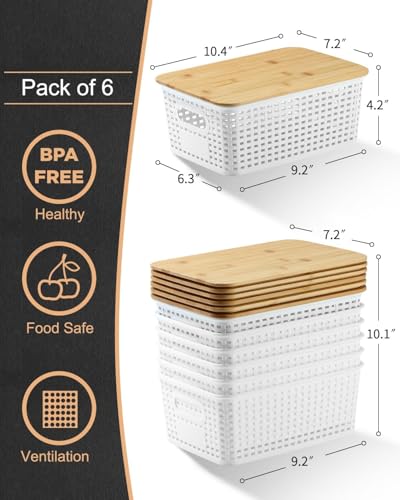 EOENVIVS Storage Bins with Lids 6 Pack, Plastic Storage Basket with Bamboo Lids for Pantry Organization and Storage Containers for Shelves Drawers Desktop Closet Playroom Classroom Office Home, Black - color: Light White