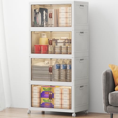 UAMFURI Stackable Storage Bins with Lids, 192QT Closet Organizers, Lockable Storage Cabinet，Foldable Storage Box with Doors and Wheels, Plastic Drawers for Home, Garage, Office (4, White, Medium) - color: White, size: Medium