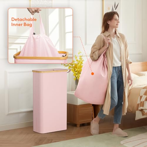 Lifewit 65L Slim Laundry Hamper with Lid, Narrow Laundry Basket with Removable Bag & Bamboo Handles, Fodable Thin Dirty Clothes Hamper for Laundry Collapsible Bin for Bathroom Bedroom Dorm, Pink - color: Pink, size: 65L
