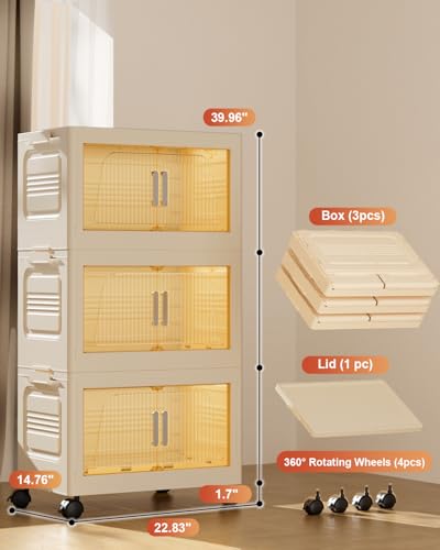 228QT Stackable Storage Bins with Lids 3 Pack, 57Gal Storage Containers with Smooth-Rolling Wheels, Plastic Closet Organizers and Storage, Collapsible Storage Bins for Home, Office and Dorm - style: 3 Pack