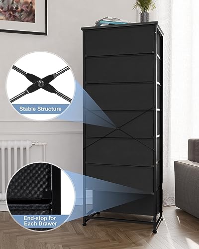 Crestlive Products Tall Dresser, 7-Drawer Fabric Storage Tower, Chests of Drawers - Vertical Organizer Unit for Bedroom, Hallway, Entryway, Nursery, Closets - Steel Frame, Wood Top & Handles (Black) - color: Black, style: Narrow-7 Drawers