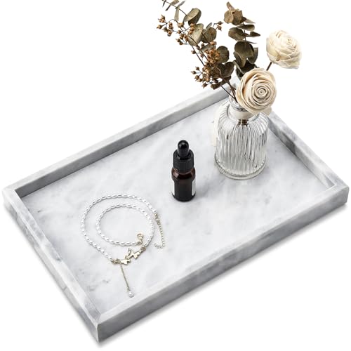 Real Natural Marble Tray for Bathroom, Vanity, Kitchen and Desktop, Rectangle Genuine Marble Stone Tray for Jewelry, Cosmetics, Candles, Lotion, Perfume and Home Decor - color: White, size: 12" x 8" x 1.2"