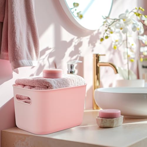 Hoolerry 8 Pieces Colorful Storage Bins with Lid, Plastic Storage Basket Organizing Container Stackable Box with Handle for Shelves Desktop Playroom Office(9.8 x 7.1 x 6.3 Inch,White and Pink) - color: White and Pink, size: 9.8 x 7.1 x 6.3 Inch