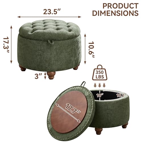 WUTUTUEE 24Inch Round Storage Ottoman with Tray, Modern Tufted Circle Coffee Table with Storage, Upholstered Ottoman with Removable Top for Living Room, Bedroom, Chenille Green - color: Chenille Green, size: 24 Inch