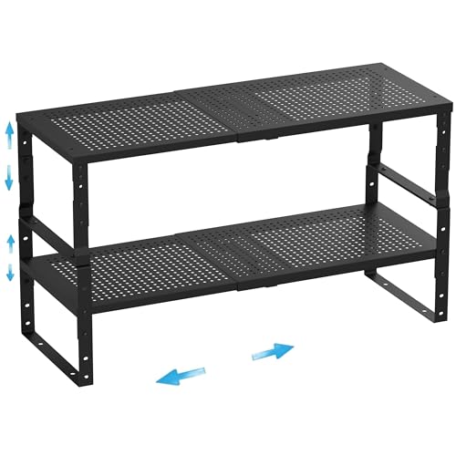 Expandable,Adjustable & Stackable Spice Rack, Cabinet Kitchen Countertop Shelf Organizer,Metal Pantry Storage Shelves - Space-Saving Storage Solution(2Packs/Black/Large) - color: Black, size: 2PACKS/BLACK/LARGE