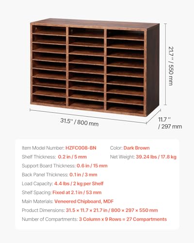 VEVOR Literature Organizer, 27 Compartments Office Mailbox with Removable Shelves, Wood Mailbox Sorter Particle Board Office Home Classroom Storage, File Sorter for File, Document, Paper, Dark Brown - color: Retro Brown, size: 27 Compartments