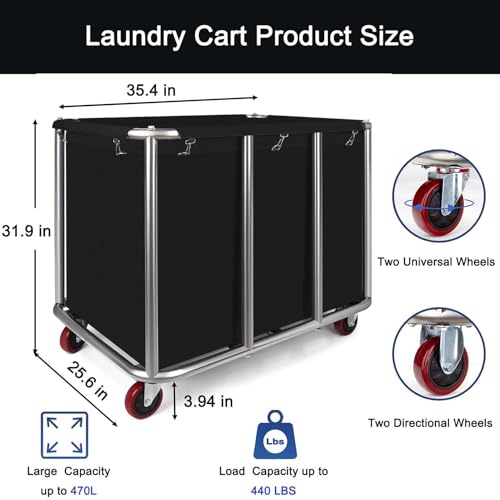 Commercial Laundry Cart with Wheels, 470L Industrial Rolling Laundry Basket, Large Heavy Duty Laundry Sorter with Watertight Oxford Bag & Sturdy Steel Frame for Home, Hotel, Hospital, 440 lbs (Black) - color: Black