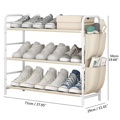 3 Tier Shoe Rack with Side Pockets, Shoe Organizer Space Saver Storage for 7-9 Pairs Shoes Storage Shelf Sturdy Free Standing Metal Long Shoe Holder Organizer for Closet, Entryway Beige - color: Beige, size: 3 Tier