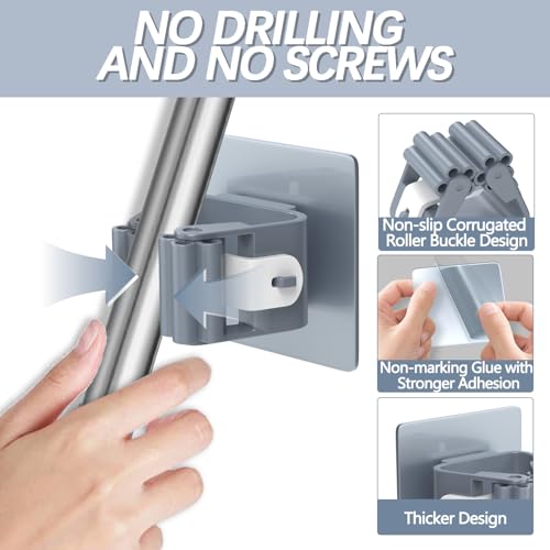 3-H 40-Pack Self Adhesive Broom Holder Wall Mount - Heavy Duty No Drill Broom Organizer for Garage Closet Kitchen, Plastic Storage Rack for Brooms Mops Tools, Grey - color: Grey, size: 40