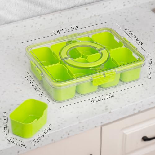 WACOI Divided Snack Serving Tray with Lid and Handle Travel Snackle Charcuterie Container Portable Storage Organizer for Candy, Fruits, Nuts, Snacks, Party, Picnic (1pack, Green) - color: Green