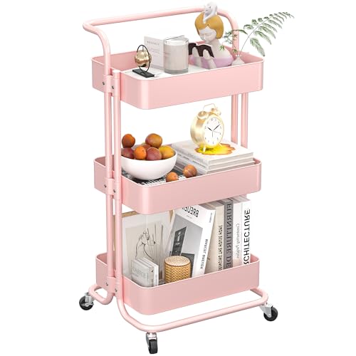 3 Tier Rolling Storage Cart, Metal Rolling Utility Cart with Wheels, Multifunctional Sturdy Organizer for Snack Cart, Craft Art Supplies, Kitchen, Bathroom, Office, Nursery Diaper - color: Pink