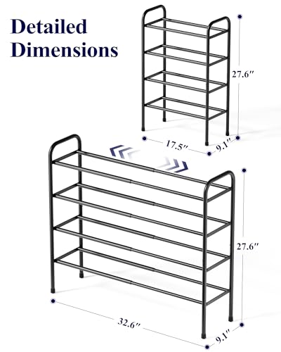 Kitsure Extendable Shoe Rack - 2-Tier Adjustable Metal Shoe Organizer, Sturdy Rust-Resistant Shoe Shelf for Entryway, Closet, or Bedroom, 17.5"–32.6" x 9.1" x 27.6", Black - color: Black, size: 4-Tiers