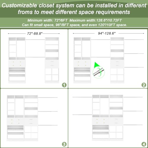 Besiost Closet System, Up to 128.6"/10.7 FT Closet Organizer with 4 Wooden Drawers and Shelves, Walk-in Closet System with 6 Hanging Rods, Built-in Closet Can Fit 96"/8FT, 120"/10FT, White - color: White, size: Style B: 72"—128.6"(W)