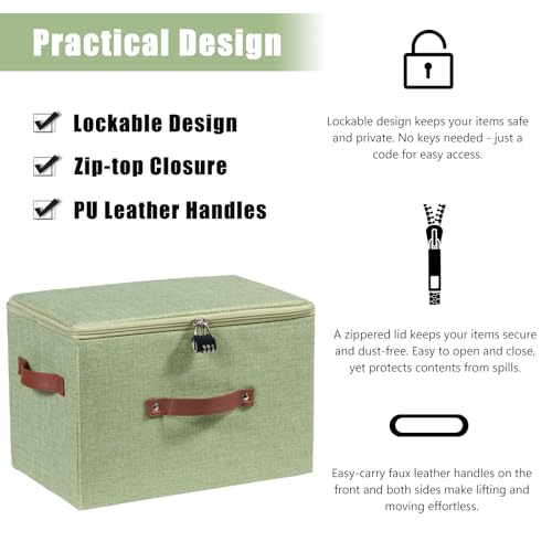 2PCS Storage Bins Box with Zipper Lid Combination Lock PU Leather Handles Cotton Linen Fabric Lidded Lockable Basket Foldable Washable Closet Shelf Organizer Container (Light Green, Large) - color: Light Green, size: Large ( Set of 2 )