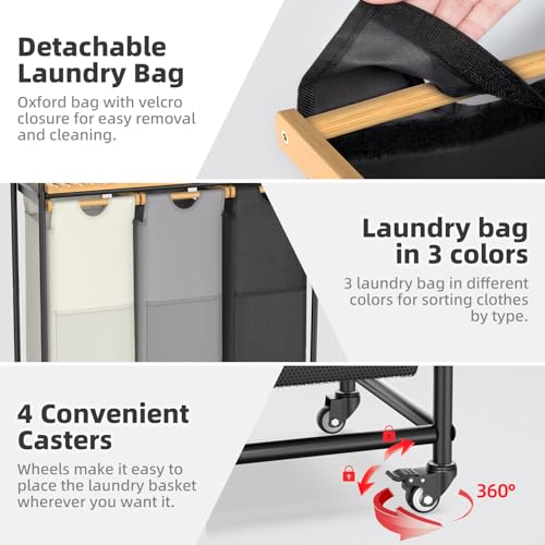 BambooHomie Laundry Hampers 3 Section, Laundry Sorter with Removable Shelf and Pull-Out Bags, Rolling Cart Clothes Hampers Basket with Wheels for Laundry Room Bathroom, 3 x 45 L (Black Beige Gray) - color: Black & Beige & Gray, size: 3 x 45 L