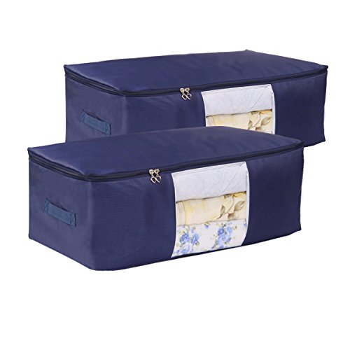 Blanket Storage Bags Pillow Bedspread Bedding Clothes Organizer Storage Containers With Zippers Breathable and Moistureproof. (Navy blue 2pcs, L) - color: Navy blue 2pcs, size: L