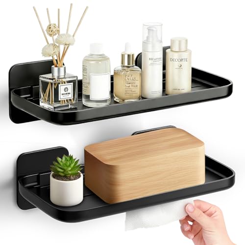 FAYYGYH 2 Pack Adhesive Floating Shelves No Drill Small Floating Shelf for Wall Storage Damage-Free Wall Mounted Organizer for Bathroom, Kitchen, Bedroom & Office (Black) - color: Black