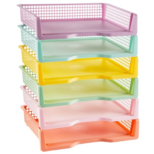 gisgfim 6 Pack Plastic Turn in Paper Trays for Classroom Pastel Storage Bin Basket Organizers for School Teacher Supplies Classroom Office Home Organization Storage Tray Holds 4A Paper File Document - color: Pastel