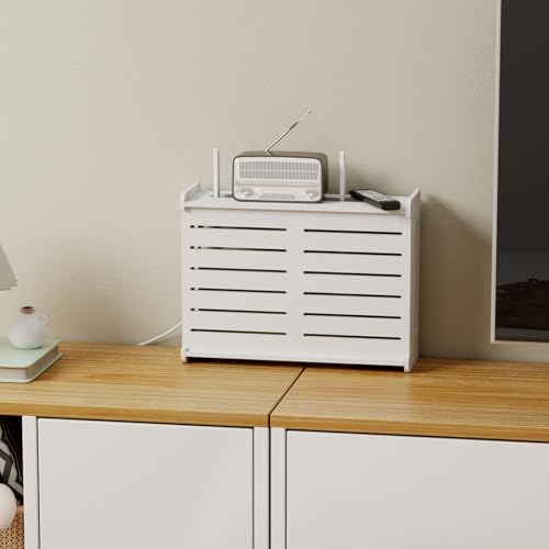 Wooden WiFi Router Storage Box Hider Shelf, Decorative Projector Box Hider Rack Countertop, for Cable, Modem, Internet, Router Power Cover Storage Organizer Cabinet Wall Mounted, White - color: White, size: Small
