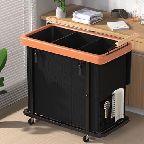 60 Gal (230L) Laundry Hamper 3 Section with Lid, Leather Patchwork Laundry Sorter with Rolling Lockable Wheels and Handle, Laundry Basket Organizer for Laundry Room, Bedroom and Bathroom - Black - color: Black-3 Section, size: 3 Section