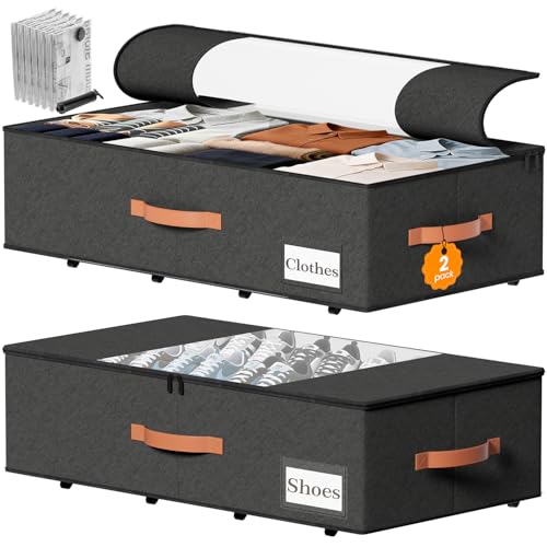 2-Pack Under Bed Storage Bins with Wheels and 6 Vacuum Seal Bags, Heavy Duty 80lbs Capacity, 65L Clear Lid Organizer for Dorm Bedroom Clothes Shoes Toys, Quick Assembly Space Saver (Black, 7.9'' PLUS) - color: Black, size: 7.9 inches PLUS