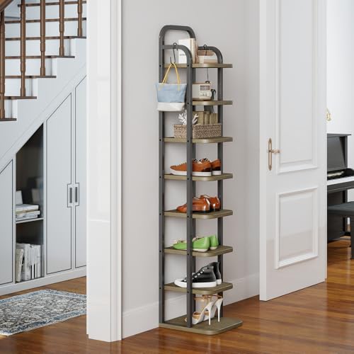 ITEFDTUTNE 8 Tiers Vertical Shoe Rack, Narrow Shoe Tower Adjustable Shelves Wooden Tall Rack with 2 Hooks, Corner Storage Organizer for Small Spaces, Entryway, Living Room, Rustic (Light Brown) - color: Light Brown-8 Tiers