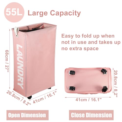 VOCOSTE Laundry Basket With Wheels, 27" Tall Rolling Laundry Basket, 55L Slim Laundry Hamper on Wheels, Narrow Laundry Hamper for Closet, Clothes Hamper with Handle for Corner Dorm, Pink
