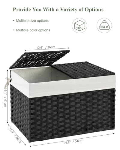 SETVSON Storage Basket with Lid Rattan Storage Basket with 2 Separate Lid, 27.8 Gallon (105 L) 25.2 * 15.4 * 16.1 Inches Woven Wicker Baskets with 2 Liners and Handles for Bedroom Laundry Black - color: Black, size: 105L-25.2L*15.4W*16.1H