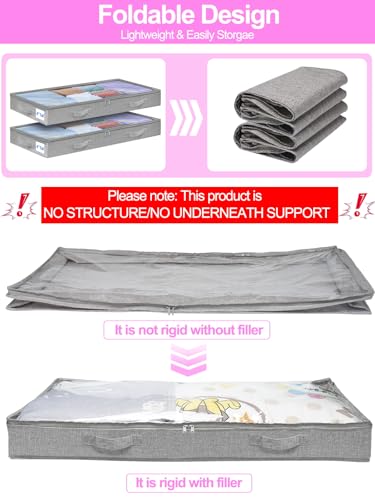 punemi 4 inches Under Bed Storage Containers, Low Profile Underbed Storage, NO STRUCTURE, Soft Foldable Underbed Cloth Storage Bags, Zipper Blanket Storage Container, 2Pack, Grey, 20x40x3.7in - color: Grey-soft-2pack, size: 4 inch