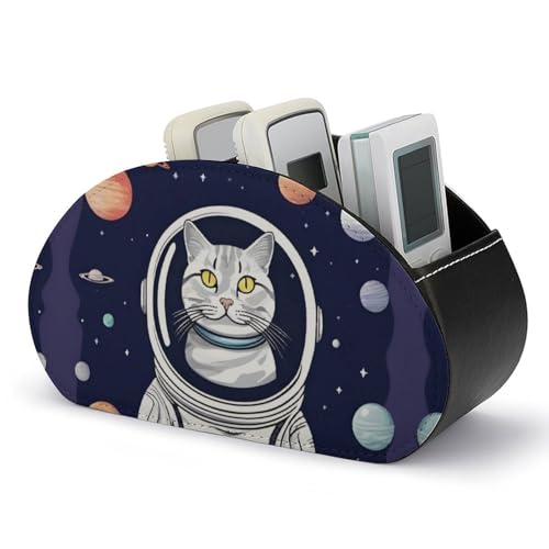 PU Leather Remote Control Organizer Box 5-Slot Multifunctional Cat in Spacess Storage Holder for TV/DVD/Accessories Stylish Desk Decor for Living Room, Bedroom, Office - color: Cat in Spacess