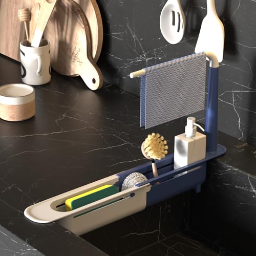 Telescopic Sink Storage Rack with 2 Sponge - Sink Caddy Sponge Holder for kitchen sink(Blue) - color: Blue