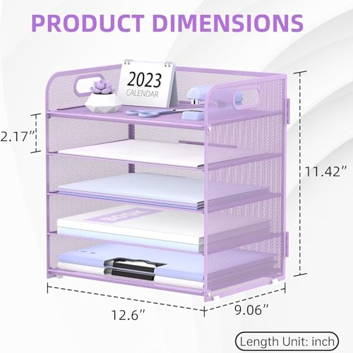 Supeasy 5 Trays Paper Organizer Letter Tray with Handle-Mesh Desk File Holders, Paper Sorter Desk Organizer for Office, Home, Classeoom or School, Purple - color: Purple