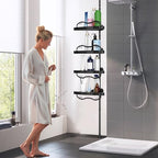 Black Corner Shower Caddy Tension Pole - Heavy Duty Rustproof Stainless Steel Shower Organizer with 4 Adjustable Shelves, No-Drill Free Standing for Bathroom, Bathtub, RV,54" to 114" Tall