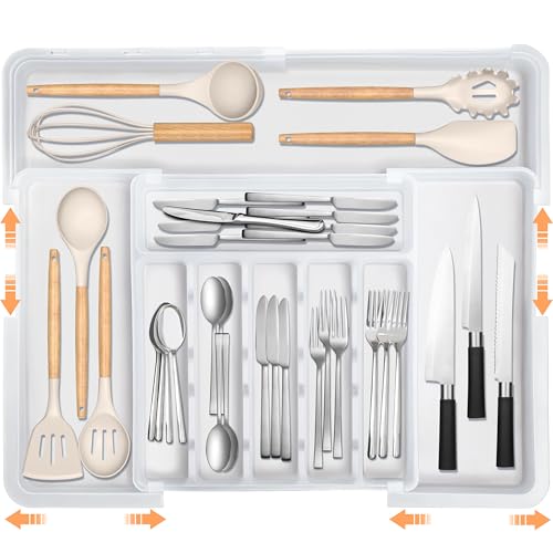 Spaclear Large Silverware Drawer Organizer Expandable Kitchen Utensil Organizer BPA Free Flatware Cutlery Holder Tray Adjustable Plastic Drawer Divider Storage for Forks Knives 6-9 Slots White - color: White