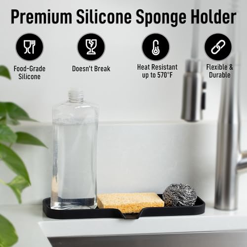 Zulay Kitchen Large Silicone Sponge Holder (12x4) – Flexible Sink Organizer Tray for Kitchen & Bathroom – Multipurpose Soap Dish for Sponges, Makeup, Trinkets & More (Black) - color: Black, size: Large (12x4)