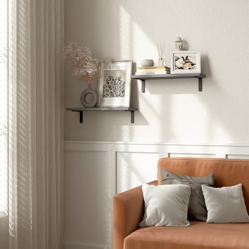 RICHER HOUSE Rustic Wood Bathroom Shelves Set of 2, Farmhouse Style Floating Shelf for Wall Décor, Hanging Shelves for Bedroom, Storage, Kitchen, Living Room - Grey - color: Grey, size: 2 Pcs:16.54in