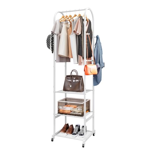 SUOERNUO Clothes Rack With Wheels and 3-Tier Metal Shelves,Clothing Rack For Hanging Clothes With 4 Hooks,Garment Rack Wardrobe Organizer for Small Space,Black (white, 16.54 * 18.23 * 72.05) - color: white