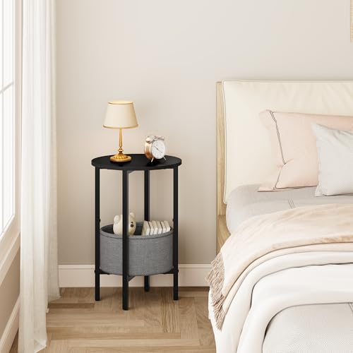 Vagusicc Round Side Table End Table with Storage Basket, Small Side Table Round Nightstand for Small Spaces, Tall Oval End Table with Steel Frame, Coffee Bedside Table for Living Room Bedroom, Black - color: Black