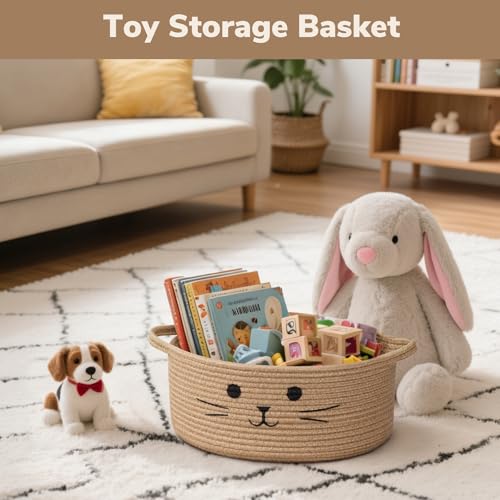 Cat Toy Basket, 13.8" x 6" Wicker Basket for Shelves Living Room, Medium Baby Gift Baskets for Nursery, Pet Dog Toy Box, Jute - color: Jute, size: 13.8"W x 6"H
