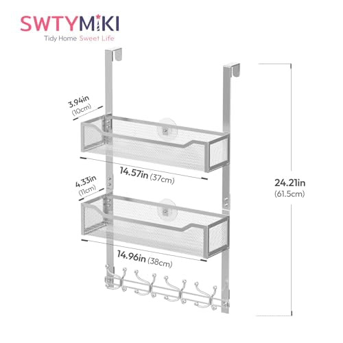 SWTYMIKI Over The Door Hook with 16 Hooks & 2 Mesh Baskets - Heavy Duty Over The Door Organizer Hanger for Towels, Coats, Clothes - Space Saving Hanging Rack for Bathroom, Living Room, Silver - color: Silver