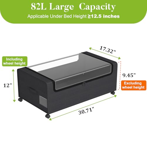 Webetop Under Bed Storage Containers with Wheels,12 inch Under the Bed Storage Bins with Clear Lid for Underneath Small Spaces Dorms, Blankets (2 Pack, 30.7"x17.3"x12") - color: Black, size: 12 inch height