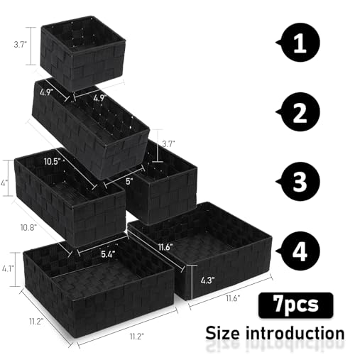 Storage Bins Woven Organizer Set of 7 – Polypropylene Storage Baskets with Metal Frame, Stackable Fabric Boxes for Drawers, Closet, Shelf, Nursery and Office, Black - color: Black, size: 7PCS-without lid