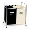 Double Compartment Rolling Laundry Sorter Cart with Wheels, Dark and Light Separation Hamper, Chrome Frame, Mobile Clothes Storage Organizer(Black+white, 2 Sections)