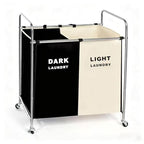 Double Compartment Rolling Laundry Sorter Cart with Wheels, Dark and Light Separation Hamper, Chrome Frame, Mobile Clothes Storage Organizer(Black+white, 2 Sections)