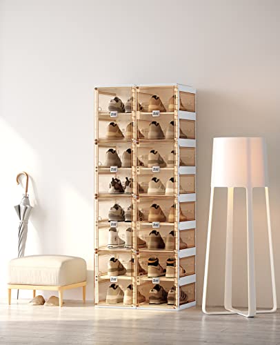 ANTBOX Foldable Shoe Rack,Shoe Organizers for Closet Plastic Shoe Storage Box for Entryway,Living Room,Large Sturdy Stackable Sneaker Cabinet Bins with Magnetic Clear Door 8 Tiers 16 Pairs - color: Brown, size: 8 Tiers 16 Pairs