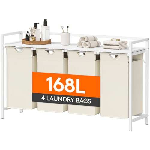 Lifewit Laundry Hamper 4 Section, 168L Pull out Laundry Clothes Basket Organizer with Large Top Shelf and 4 Removable Bags and Handles for Laundry Room Bedroom Bathroom, White with A Shelf - color: White, style: Laundry hamper with a shelf