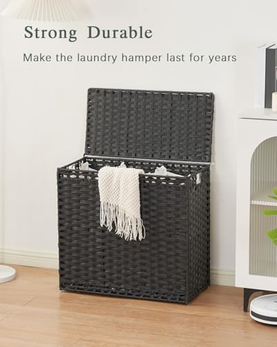 SETVSON Laundry Hamper with Lid Laundry Basket 132 L (35 Gal) Wicker Clothes Hamper, Handwoven Rattan Hamper with Handles and 4 Removable Liner Bags, 6 Mesh Bags for Laundry Bedroom Black - color: Black, size: 35.0 Gal