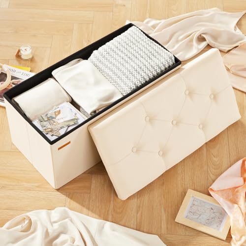 HAUSFRAU - Storage Ottoman Bench, 30 Inches Button Tufted Upholstered Ottoman Footstool with Storage for Living Room Bedroom Entryway, Load 660 lb, Linen Beige - color: Beige, size: 15"D x 30"W x 15"H